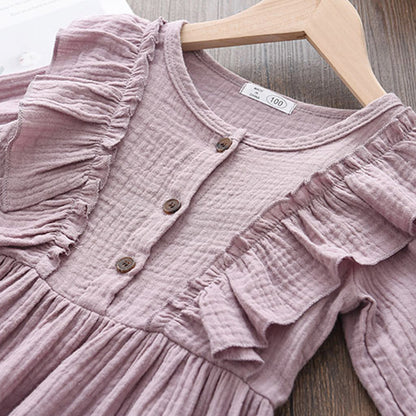 Baby Girls Summer Ruffles Long Sleeve Solid Cotton Linen Dress - Purple, White, Yellow.