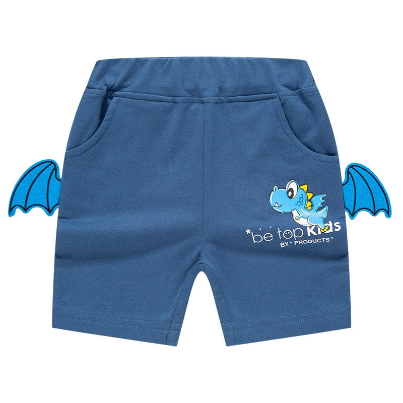 2022 Summer Boys Cartoon Dinosaur Embroidery Shorts - Blue, Navy, Grey, Dark Grey.