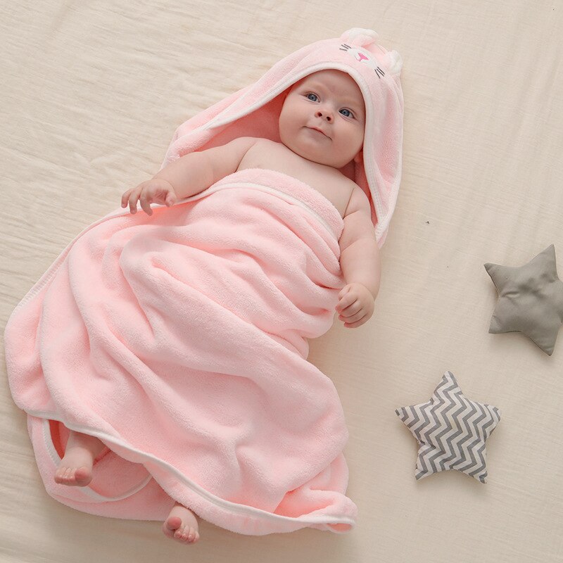 Soft Warm Cartoon Hooded Baby Fleece Towel, 80*80 cm - Light Green, Coral, Pink, White, Grey.