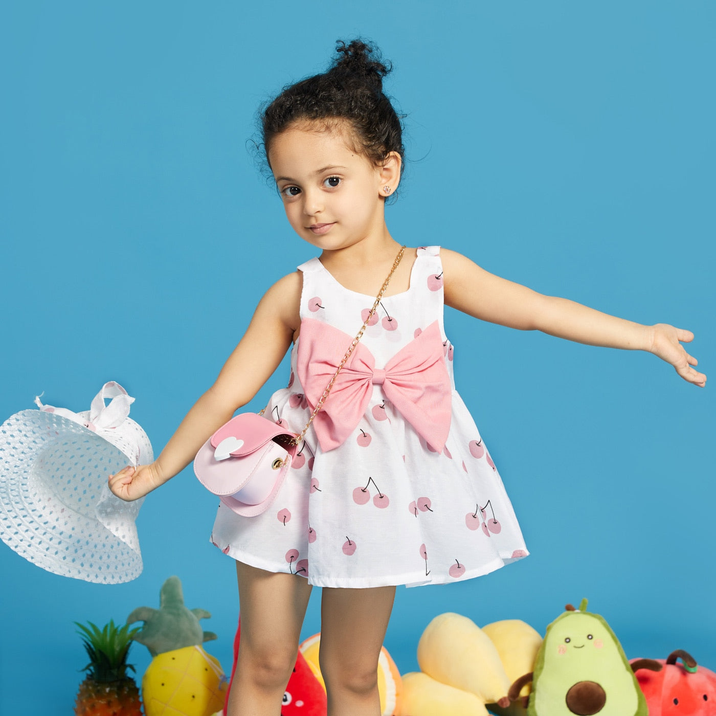 2 Piece Summer Set, Sleeveless Bow Dresses and Hats for Little Girls - Yellow, Pink, Dark Green