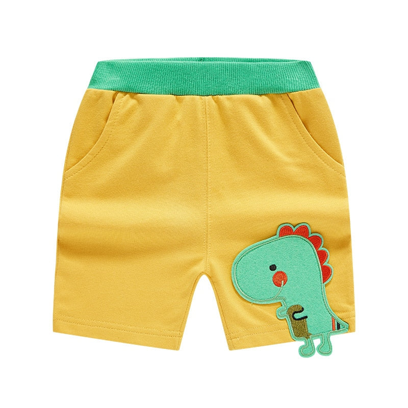 2022 Summer Boys Cartoon Dinosaur Embroidery Shorts - Blue, Black, Grey, Yellow.