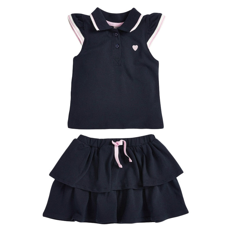Girls Cute Ruffle Sleeve Solid Cotton Set of Tank Top and Skirt - Navy Blue.