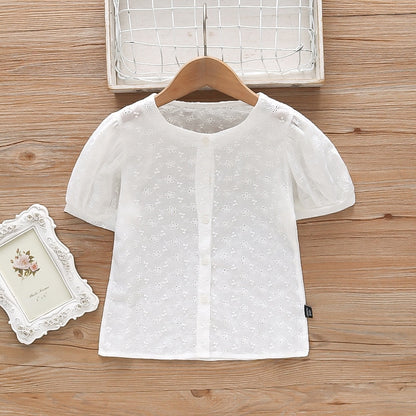 2022 Summer Girls White Embroidered Hollow Short-sleeved Blouse - White.