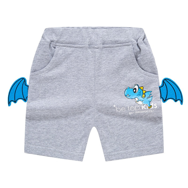 2022 Summer Boys Cartoon Dinosaur Embroidery Shorts - Blue, Navy, Grey, Dark Grey.