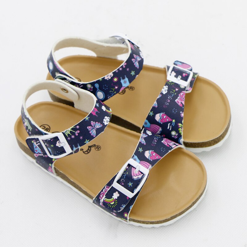 Girls' Summer Floral Print Cork Outsole Faux Leather Sandals - Sky Blue, Navy Blue.