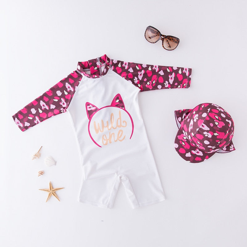 Kids Animal Print UV Protection Long Sleeve Beachwear Swimwear Set - Orange, White, Pink