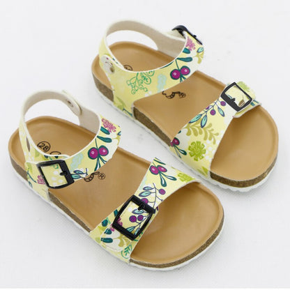 Girls' Summer Floral Print Cork Outsole Faux Leather Sandals - Yellow, Fluorescent Yellow.