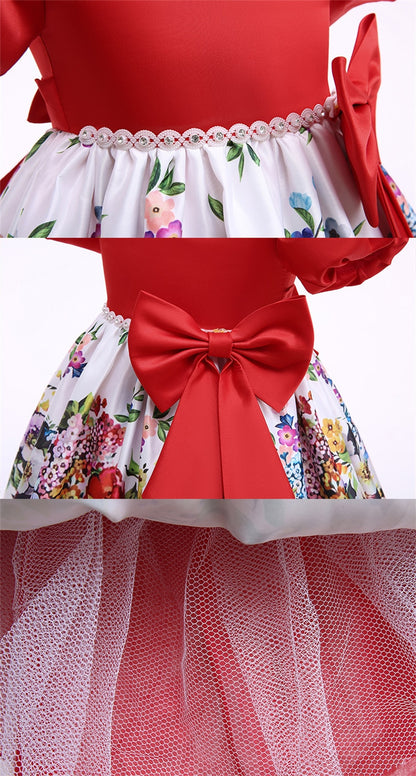 Satin Party Dress with Bow for Girls Birthday, Christmas or Christening - White, Green, Red
