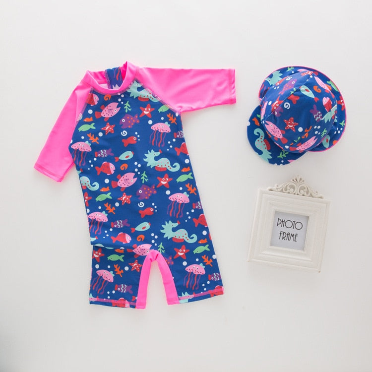 Kids Animal Print UV Protection Long Sleeve Beachwear Swimwear Set - Blue, Navy Blue, Pink