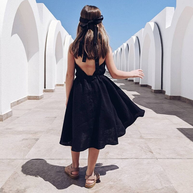2022 Summer Girls Sleeveless Backless Casual Linen Dress - Black.