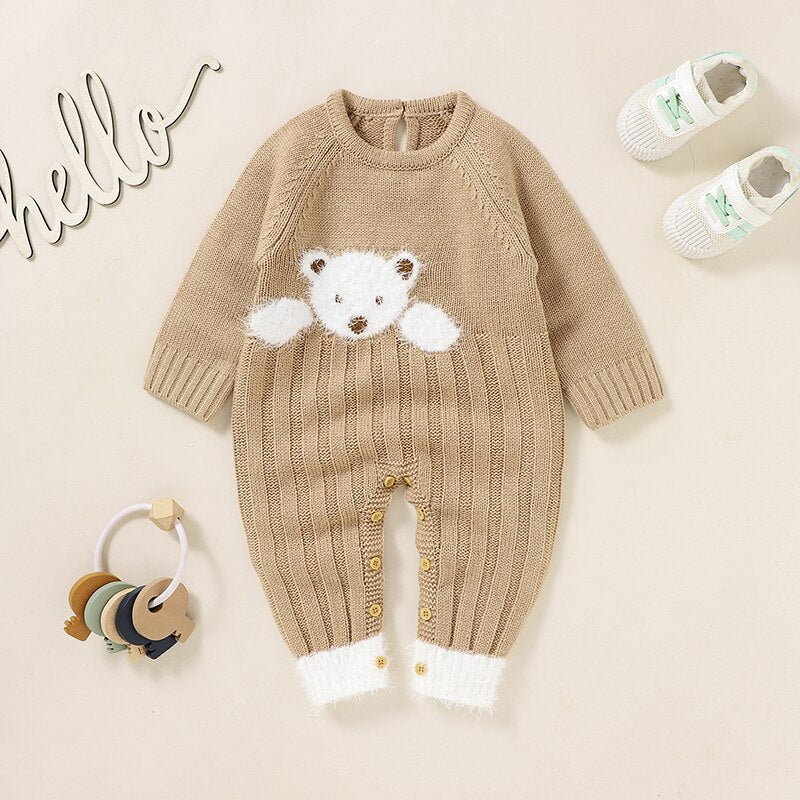 Baby Girls Boys Long Sleeve Knitted Jumpsuit - Beige