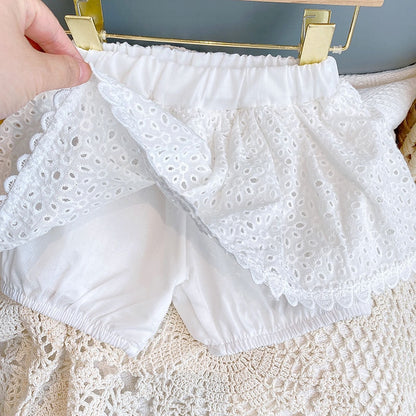 Girls Lace Cotton Skirt and Sleeveless Blouse Set - White