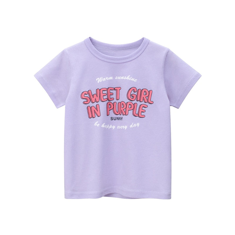 Kids Cartoon Print Short Sleeve Cotton T-shirt - Lilac, Pink, White, Cream.
