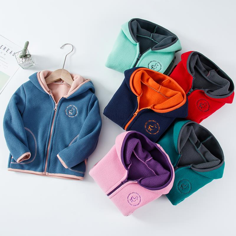 Padded Windproof Double Fleece Kids Jackets with Hood and Zipper for Boys and Girls