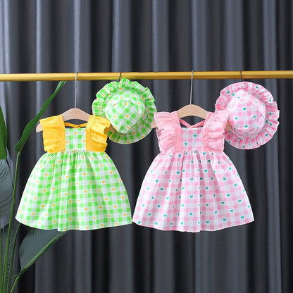 2022 Summer Baby Girls Cute Plaid Dress With Hat - Pink, Green.