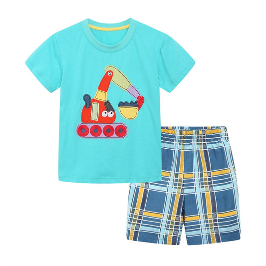 Summer Baby Boys Dinosaurs Print Clothing Cotton Set of 2 Pcs, Top + Shorts - Bright Blue