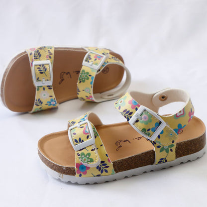 Girls' Summer Floral Print Cork Outsole Faux Leather Sandals - Yellow, Fluorescent Yellow.
