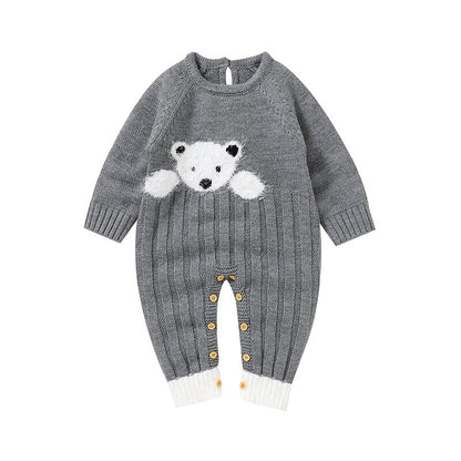 Baby Girls Boys Long Sleeve Knitted Jumpsuit - Grey