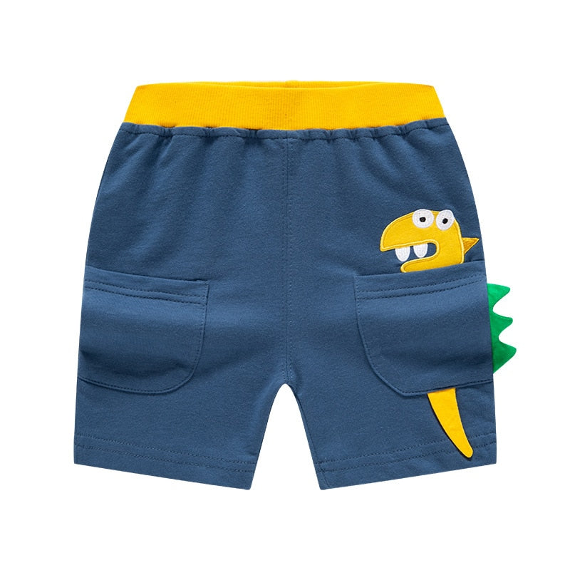 2022 Summer Boys Cartoon Dinosaur or Bird Embroidery Shorts - Blue, Navy, Grey, Black, Beige.