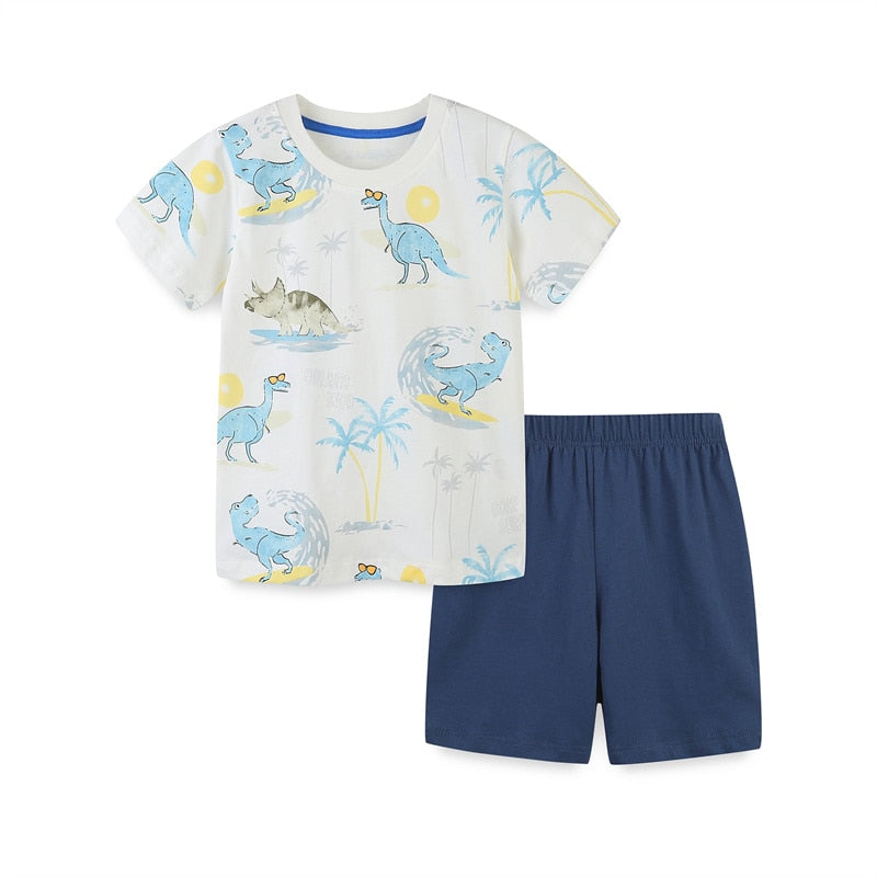 Summer Baby Boys Dinosaurs Print Clothing Cotton Set of 2 Pcs, Top + Shorts - White Printed