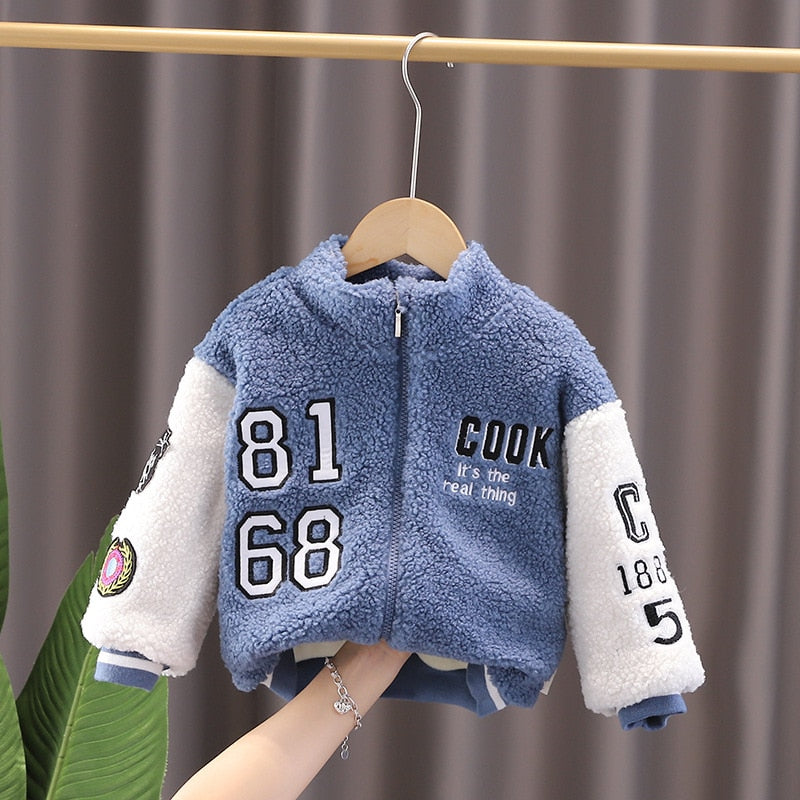 Warm Soft Thick Eco Fur Baseball Jacket for Baby Boys and Girls - Blue, Green