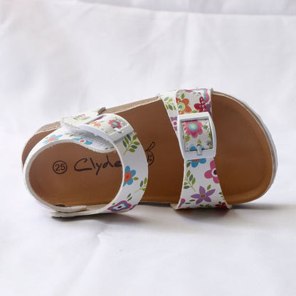 Girls' Summer Floral Print Cork Outsole Faux Leather Sandals - White, Beige.