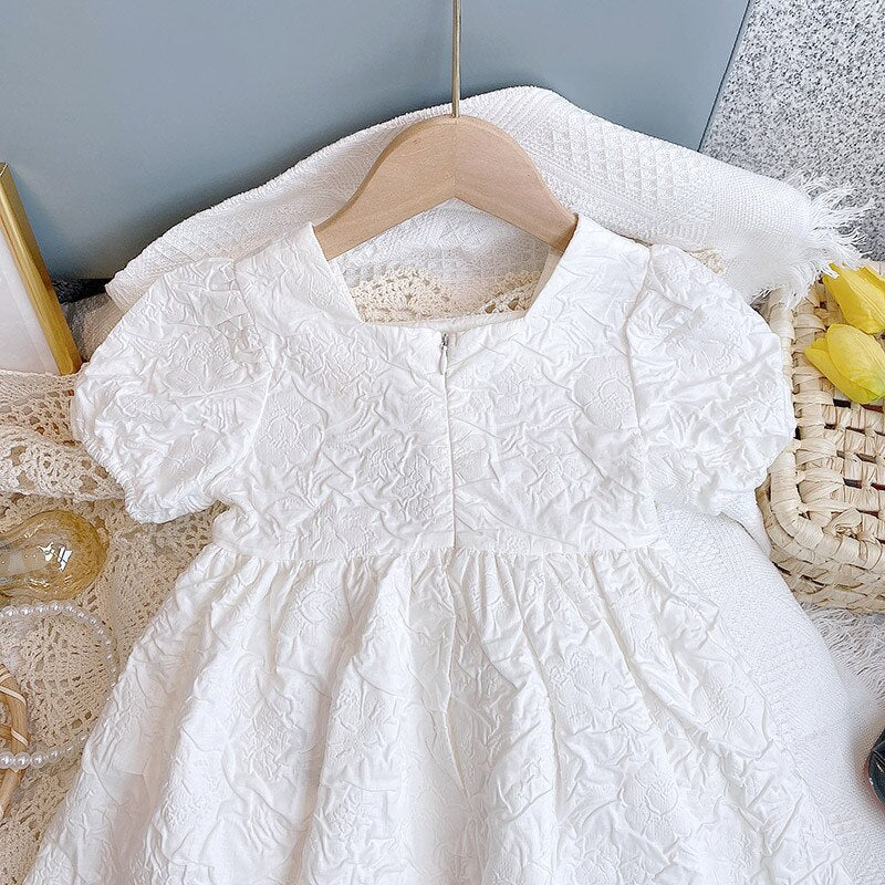 Summer New Girls&#39; Dresses Printed Roses Pure White Party Dress Casual Fashion Short-sleeved Children&#39;s Clothing.