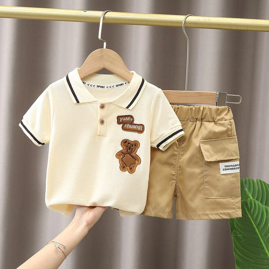 Cute Cartoon Baby Boy Clothes Set , T-shirt + Shorts - Beige, White