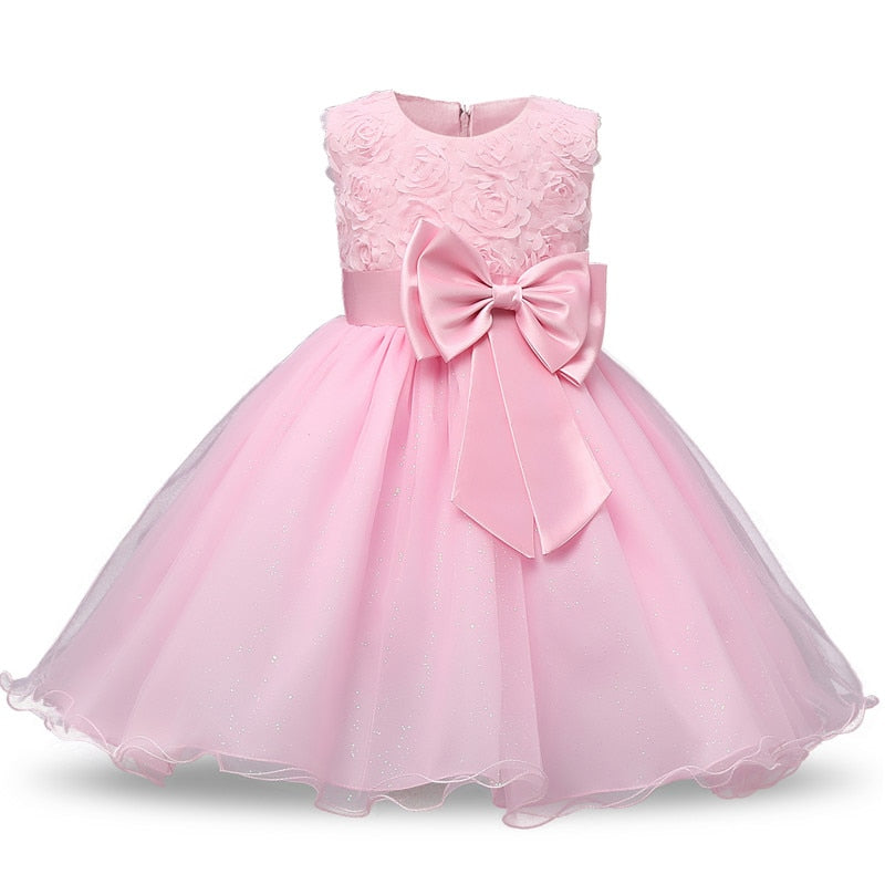 Elegant Girls Pink Flowers Print Puff Sleeve Tulle Dress - White, Pink