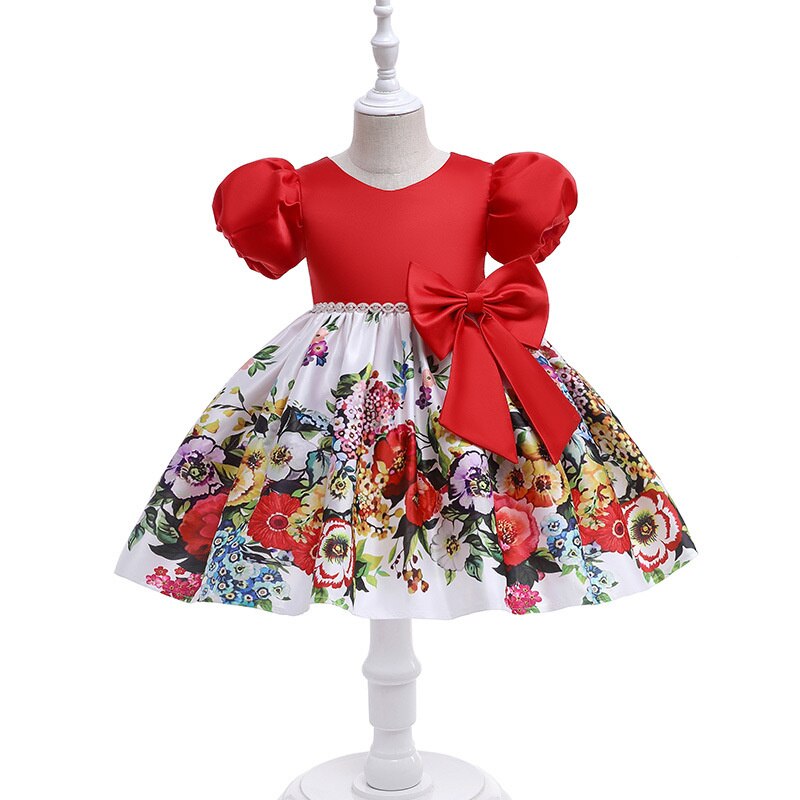Satin Party Dress with Bow for Girls Birthday, Christmas or Christening - White, Green, Red