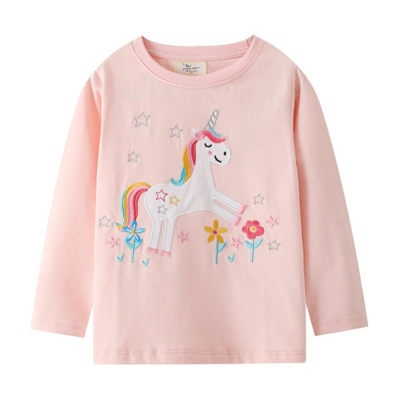 Girls Long Sleeve Cotton Embroidered Cartoon Unicorn Print Tops - Blue, Pink, Beige