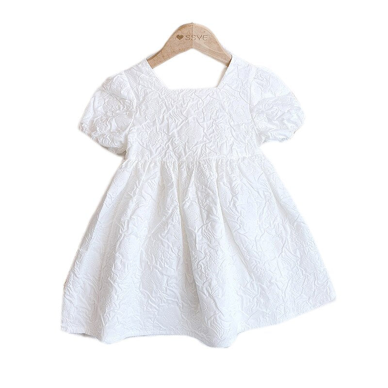 Summer New Girls&#39; Dresses Printed Roses Pure White Party Dress Casual Fashion Short-sleeved Children&#39;s Clothing.