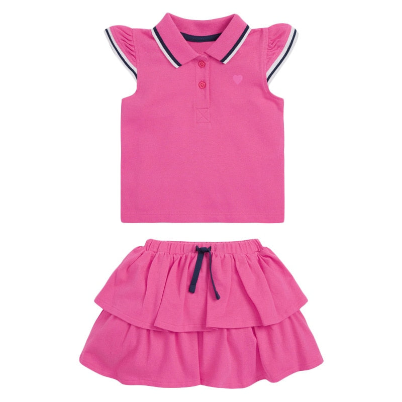 Girls Cute Ruffle Sleeve Solid Cotton Set of Tank Top and Skirt - Hot Pink.