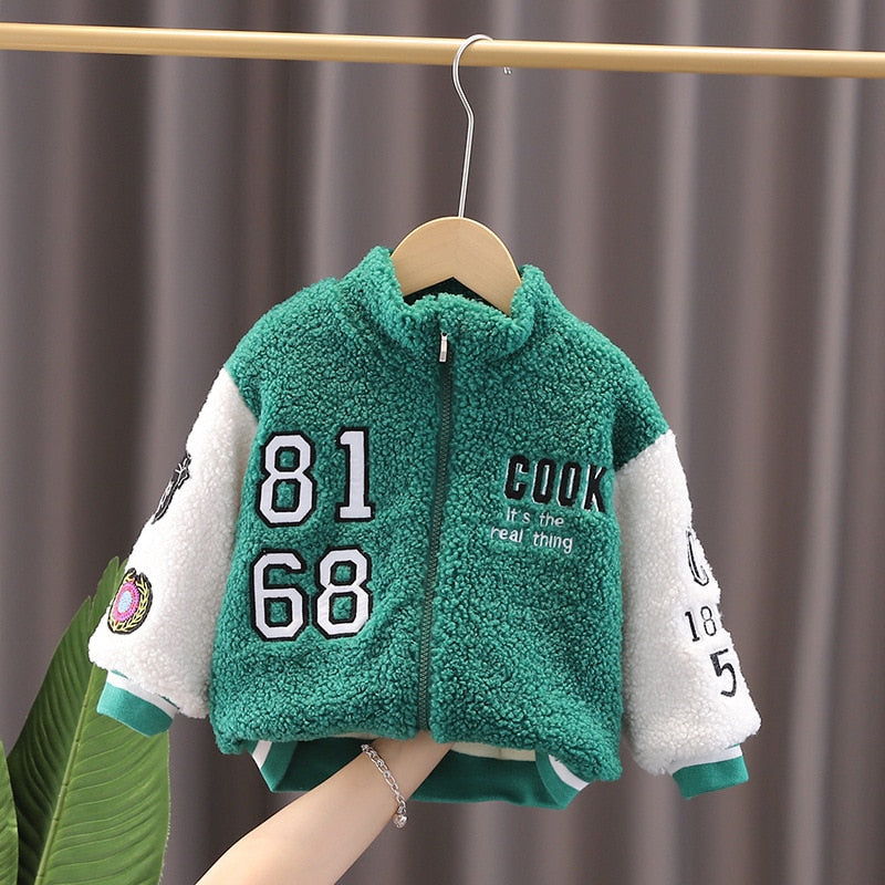 Warm Soft Thick Eco Fur Baseball Jacket for Baby Boys and Girls - Blue, Green