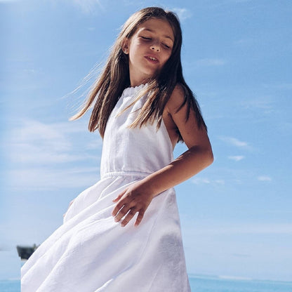 2022 Summer Girls Sleeveless Backless Casual Linen Dress - White.