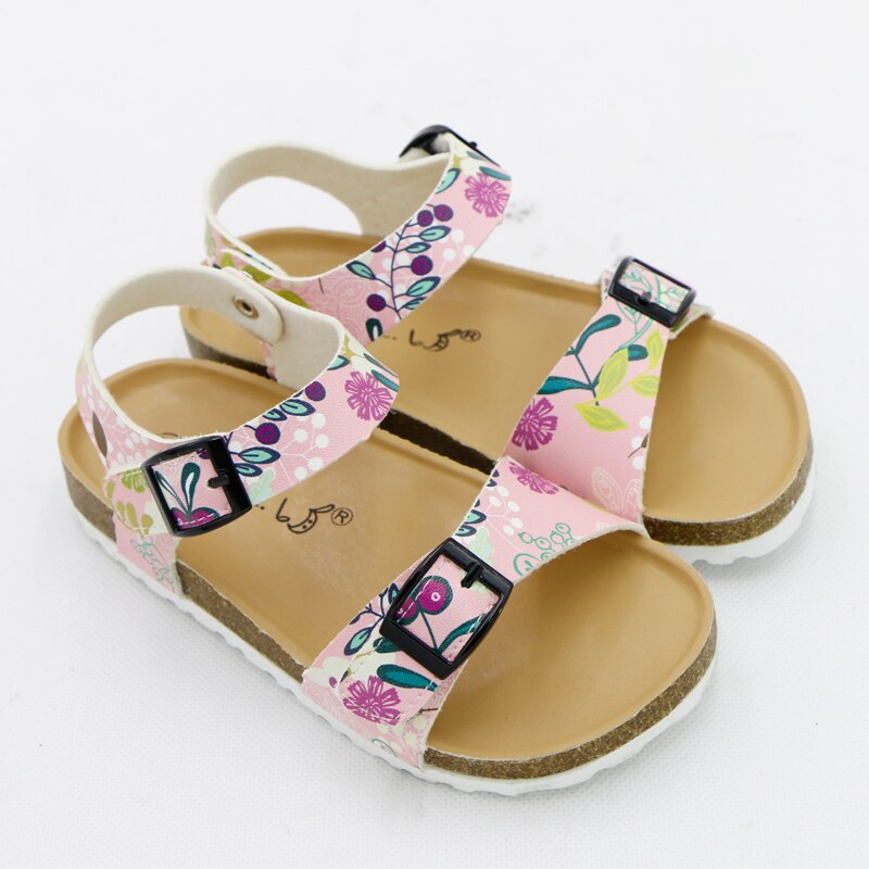 Girls' Summer Floral Print Cork Outsole Faux Leather Sandals - Pink, Lavender.