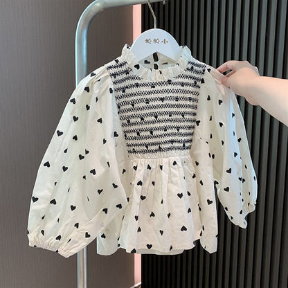 Baby Girls Heart Print Elegant Long Sleeve Loose Cotton Blouse - Cream.