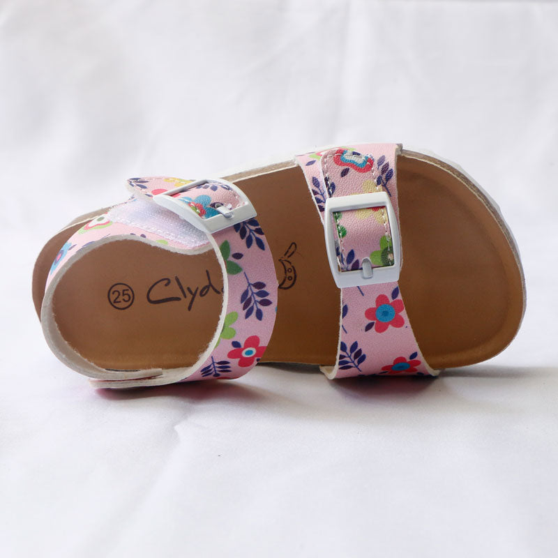 Girls' Summer Floral Print Cork Outsole Faux Leather Sandals - Pink, Lavender.