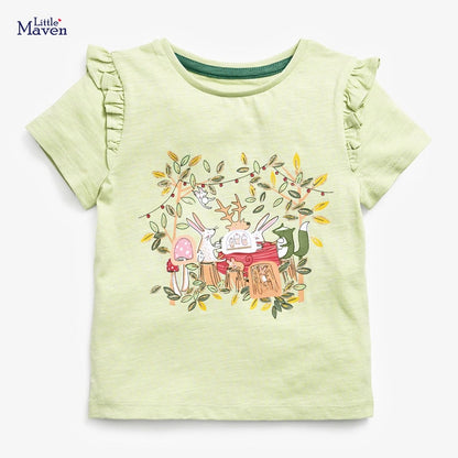 Baby Girls Pretty Green T-Shirt with Animals Cotton Lovely Tops - Green, Pink, White, Yellow, Peach
