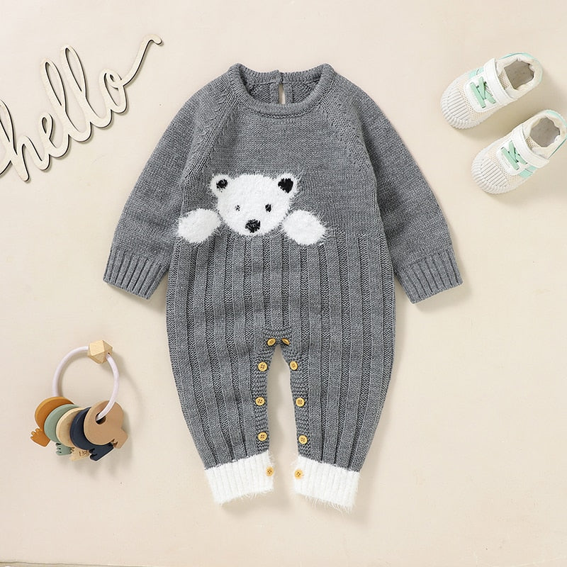 Baby Girls Boys Long Sleeve Knitted Jumpsuit - Grey