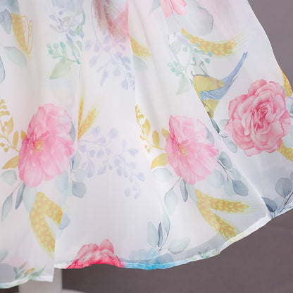 Elegant Flower Print Puffy Sleeve Decollete Tulle Dress - White