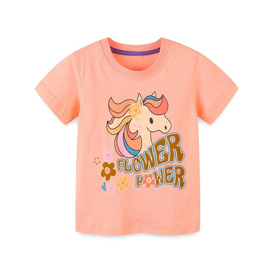 Сotton T-Shirt with Unicorn and Short Sleeves for Girls - Pink