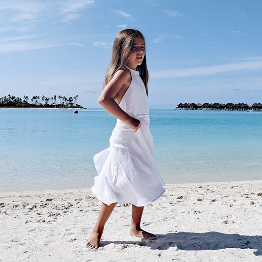 2022 Summer Girls Sleeveless Backless Casual Linen Dress - White.