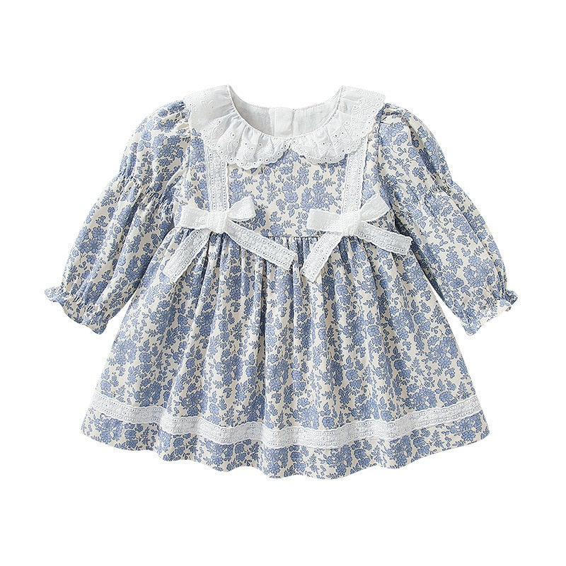 Newborn Baby Girl Fashion Long Sleeve Princess Cotton Dress - Blue.