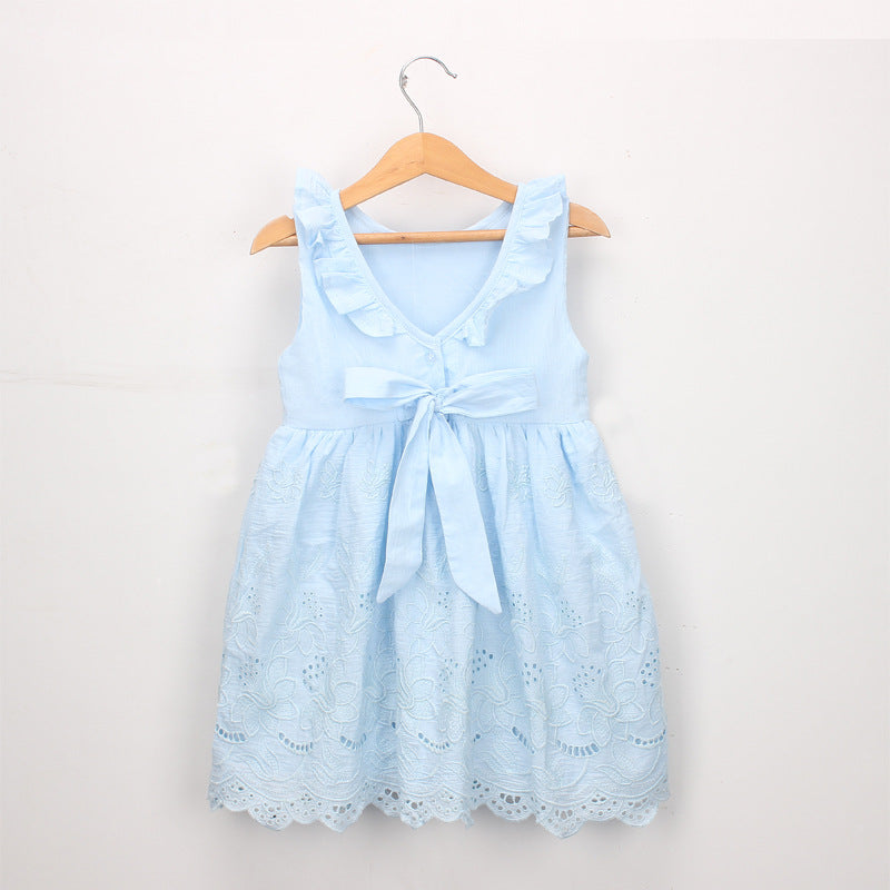 Girls Summer Cute Off Back Ruffles Embroidery Sleeveless Cotton Dress - Blue.