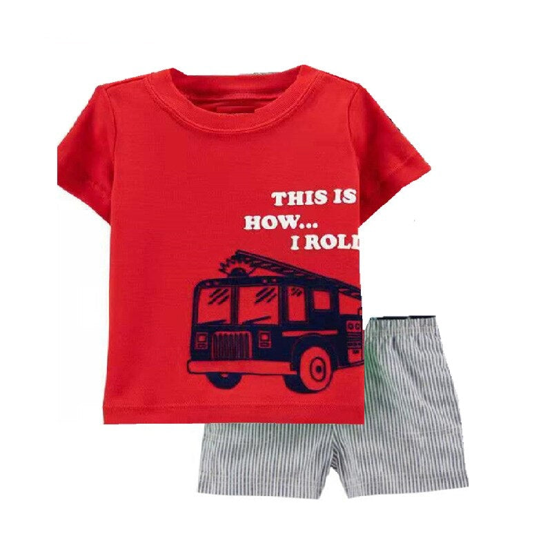 Summer Boys Cute Design Short Sleeve Pyjamas Set - White, Red, Grey.