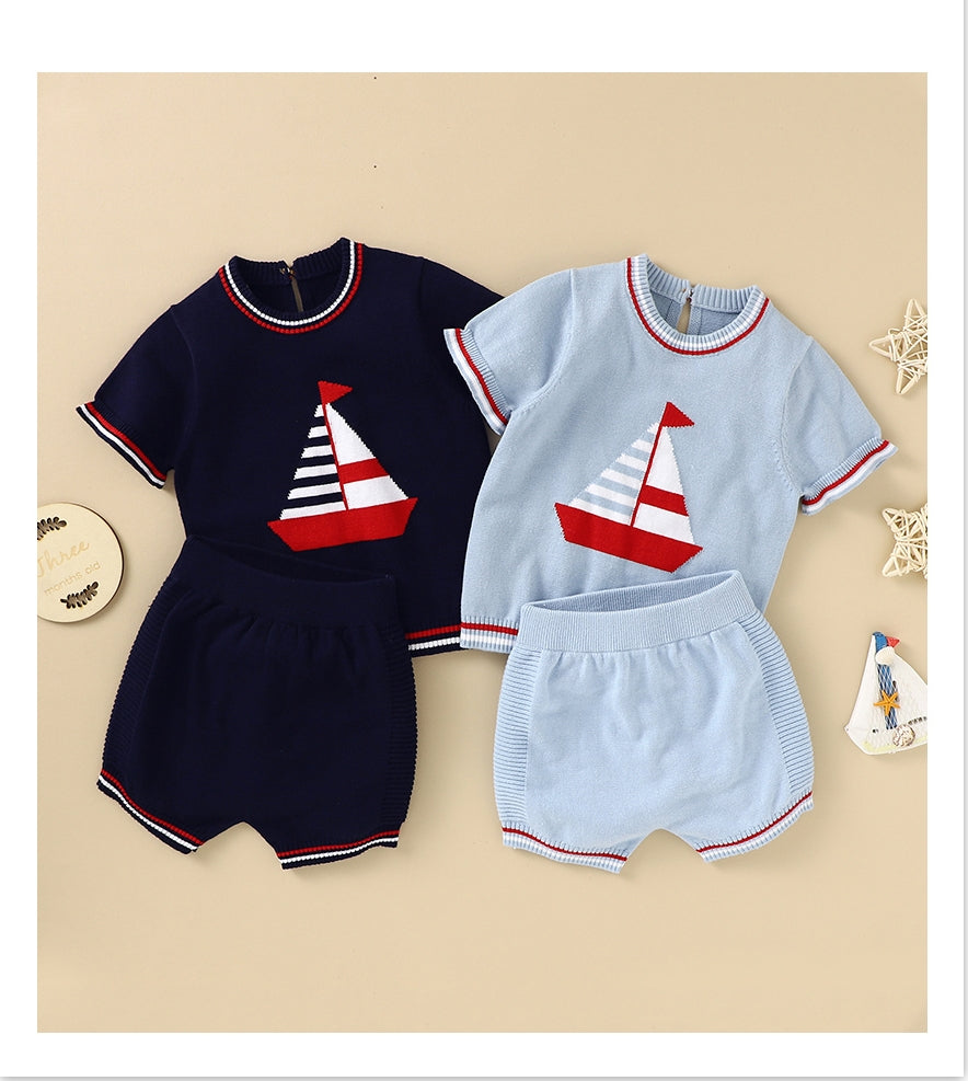 Baby Boys Girls Summer 2pcs Short Sleeve Cotton Outfit, Top + Shorts - Blue.