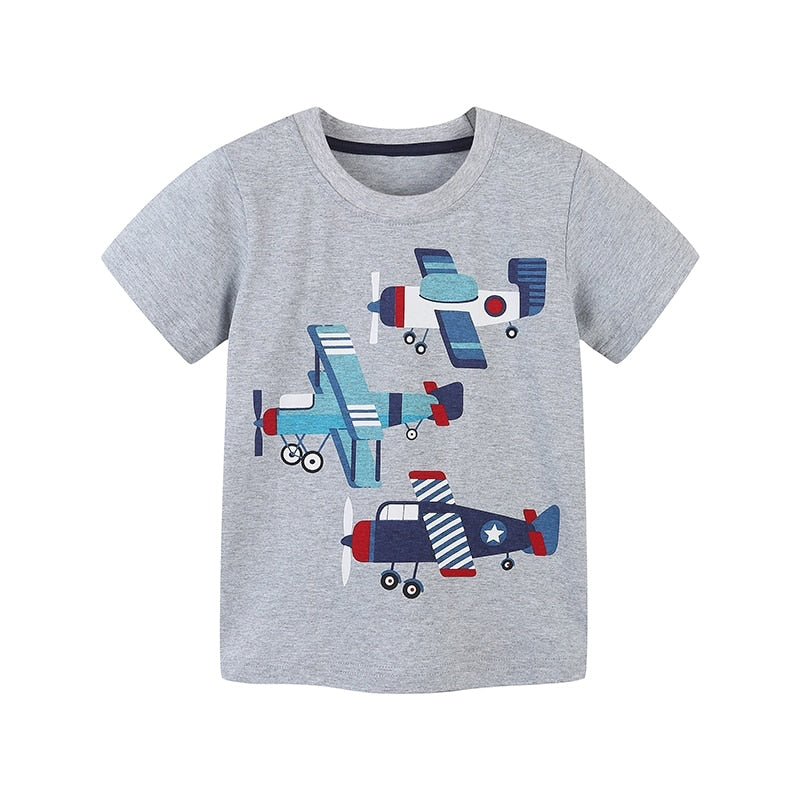 Summer Boys Short Sleeve Cartoon Dinos & Rocket Cotton T-shirt - Blue, Grey, White.