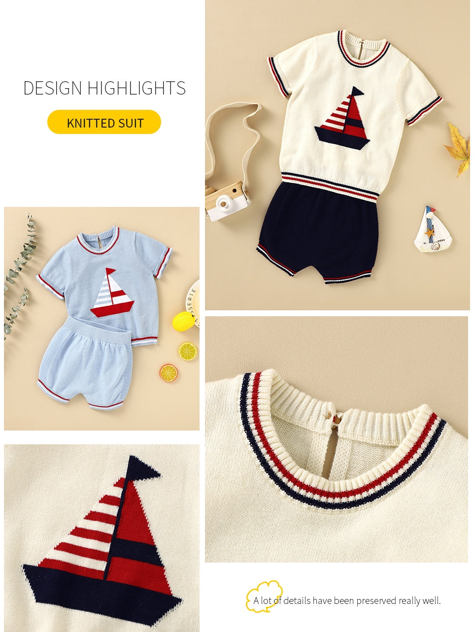 Baby Boys Girls Summer 2pcs Short Sleeve Cotton Outfit, Top + Shorts - Blue.