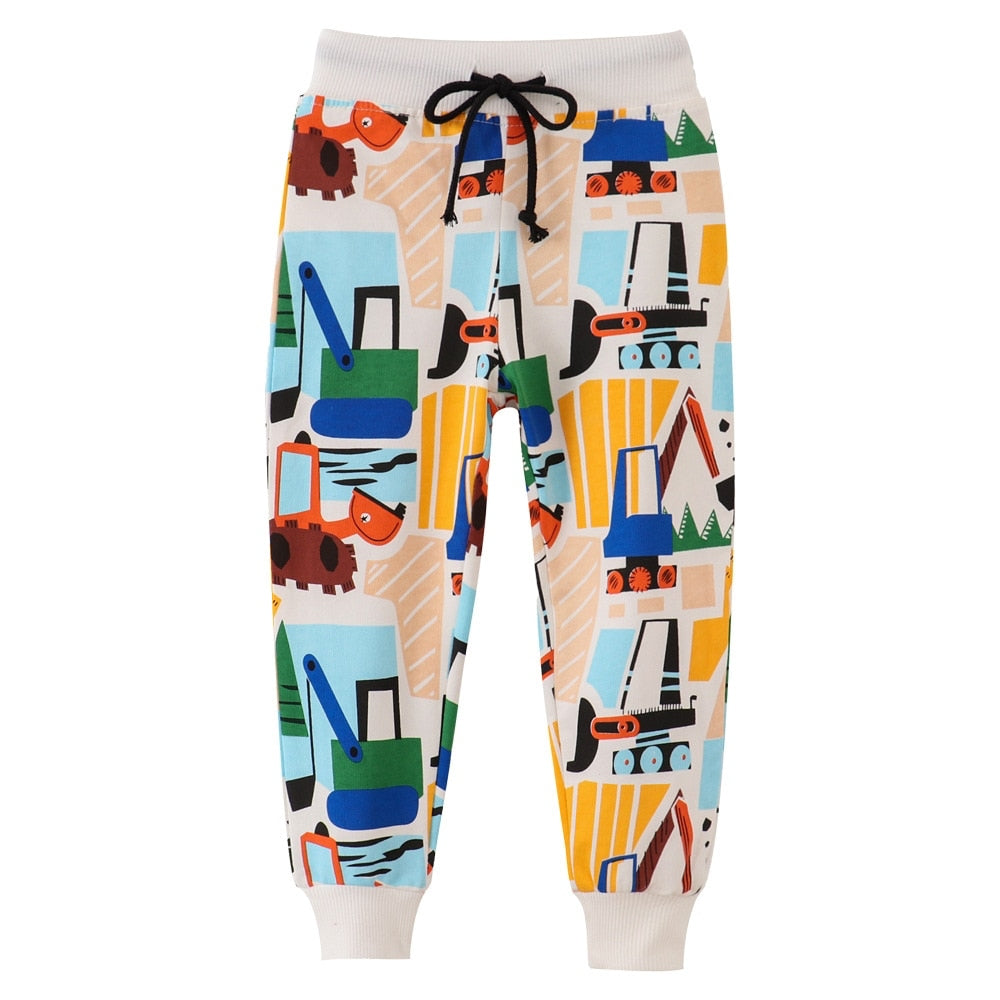 Dinosaur & Machinery Print Cotton Sports Pants for Boys - Beige, Grey.